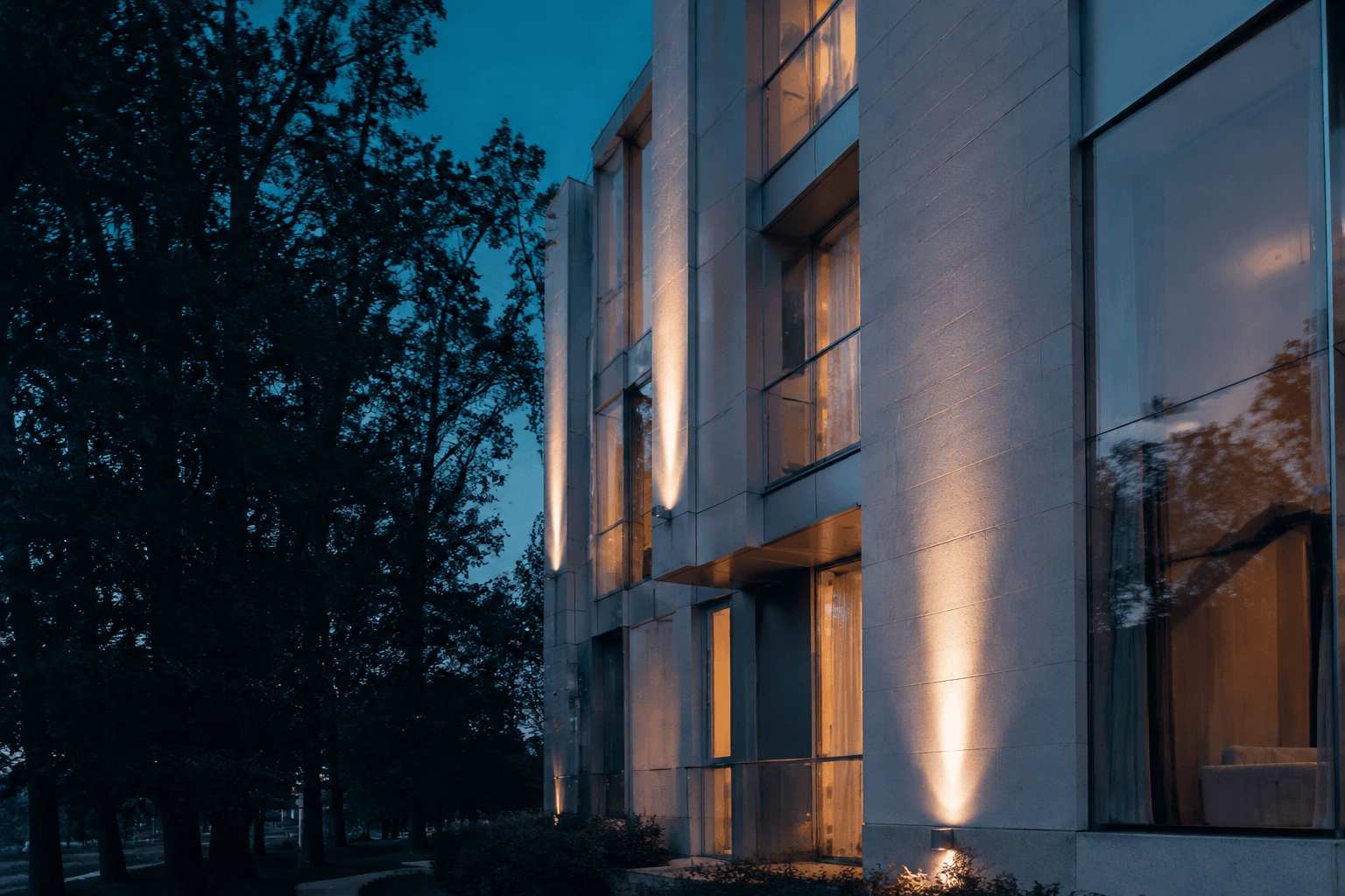 Illustrative residential architecture at dusk