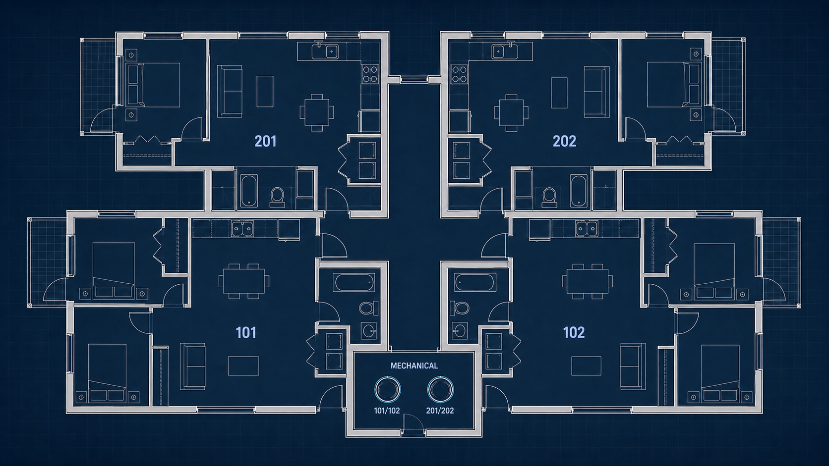 Four-condo architectural plan with a compact mechanical room